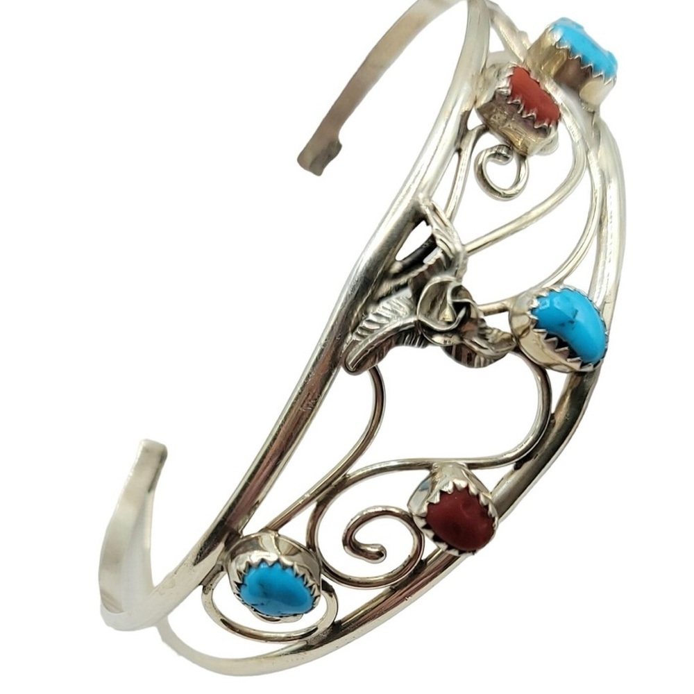 Sterling Silver Navajo Native American Turquoise & Coral Cab Scroll Cuff